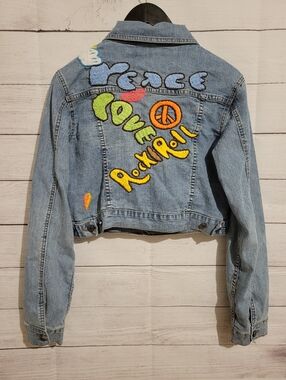 Atmosphere Denim Jacket Peace Love Rock Roll Embroidered Cropped Jean Size LG